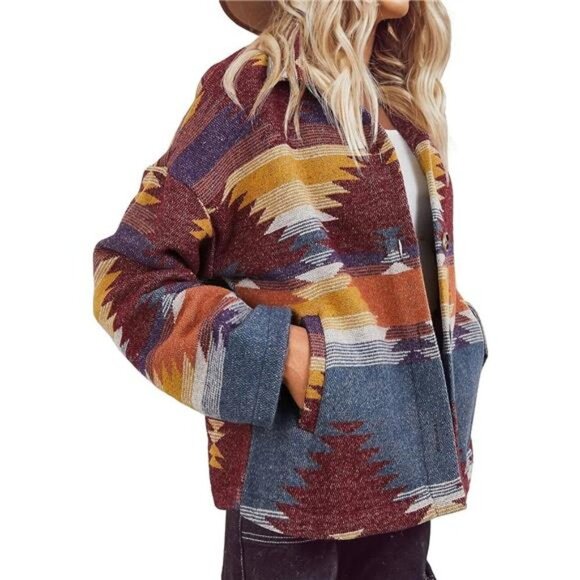 Red Aztec Tribal Southwestern Printed Button Down Corduroy Shacket Jacket - Picture 1 of 5